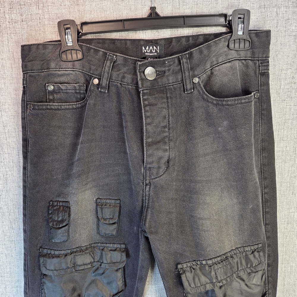 boohooMAN 30R Skinny Nylon Cargo Pockets Grunge Button Fly Jeans Zip Ankle Black